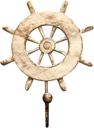 Whitewashed Ships Wheel with Single Wall Hook Wood 9 Inches