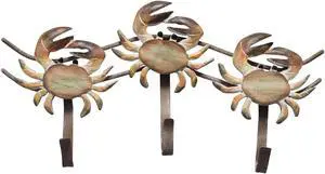 Stone Crab Triple Hooks Carved Wood and Metal Wall Decor