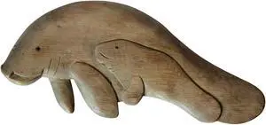 Manatee Mother With Baby Carved Wood Wall Plaque 14 Inches Natural Finish
