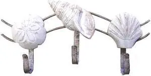Coastal Whitewashed Assorted Sea Shells Wooden and Metal Triple Hook Wall Decor