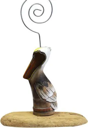 Pelican on Piling with Driftwood Desktop Photo Holder Hand Carved