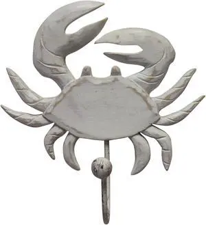 Crab Carved Whitewashed Wood Wall Single Hook 8.5 Inch