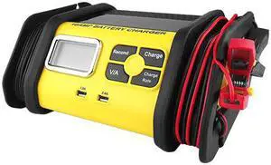 Portable 10A Battery Charger with LCD Display and Charging Clamps