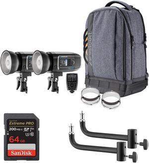 Westcott FJ400 Strobe 2-Light Backpack Kit with FJ-X3m Universal Wireless Trigger, 8 Inch Shorty Offset Extension Arm (Set of 2) and 64GB Extreme PRO Memory Card Bundle Set