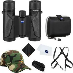 Zeiss 10x25 Terra ED Pocket Binoculars For Bird Watching (Black) with Waith Binocular Comfort Carrying Harness Strap, Adjustable Camo Baseball Hat and Waith Microfiber Lens Cleaning Cloth (Bundle Set)