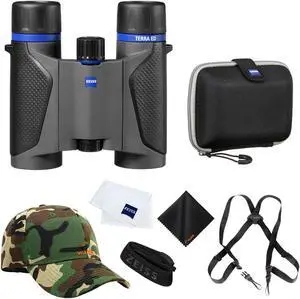Zeiss 10x25 Terra ED Pocket Binoculars For Bird Watching (Grey) with Waith Binocular Comfort Carrying Harness Strap, Adjustable Camo Baseball Hat and Waith Microfiber Lens Cleaning Cloth (Bundle Set)