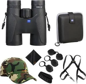 Zeiss 8x42 Terra ED Binoculars For Bird Watching (Black) with Waith Binocular Comfort Carrying Harness Strap, Waith Adjustable Camo Baseball Hat and Waith Microfiber Lens Cleaning Cloth (Bundle Set)