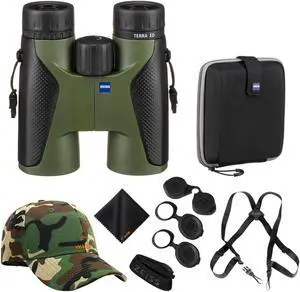 Zeiss 8x42 Terra ED  Binoculars For Bird Watching (Green) with Waith Binocular Comfort Carrying Harness Strap, Waith Adjustable Camo Baseball Hat and Waith Microfiber Lens Cleaning Cloth (Bundle Set)