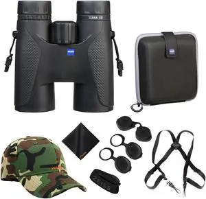 Zeiss 10x42 Terra ED Binoculars For Bird Watching (Black) with Waith Binocular Comfort Carrying Harness Strap, Waith Adjustable Camo Baseball Hat and Waith Microfiber Lens Cleaning Cloth (Bundle Set)