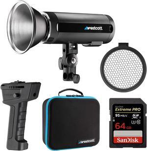 Westcott FJ200 Round Head Pocket Strobe Light with 64GB Memory Card for 4K Video and Westcott ProGrip2 Ergonomic Handheld Mount for Photographers Bundle Set (WES-4740)