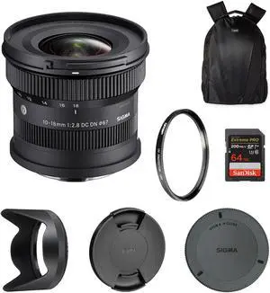 Sigma 10-18mm F2.8 DC DN Contemporary Lens for Sony E | Ultra Wide-Angle Zoom with Tiffen 67mm UV Protector Filter, Waith Camera Backpack and 64GB Extreme PRO UHS-I SDXC Memory Card (Bundle Set)