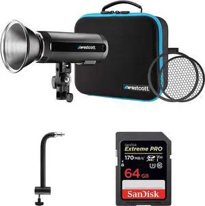 Westcott FJ200 200W Strobe with AC/DC Lithium Polymer Battery  | 8" Extension Arm & 64GB SDXC Memory Card Bundle