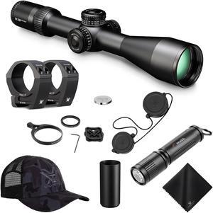 Vortex Optics Strike Eagle 5-25x56 FFP EBR-7C MOA Riflescope with Vortex Pro Riflescope 34mm Rings, Vortex Logo Hat Camo Black and Waith Compact Flashlight Keychain (Bundle Set)