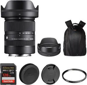 Sigma 18-50mm F2.8 DC DN Contemporary Lens for Sony E| A Large F2.8 Aperture Zoom Lens with Tiffen 55mm UV Protector Filter, SanDisk 128GB Extreme PRO UHS-I SDXC Memory Card, and Waith Camera Backpack