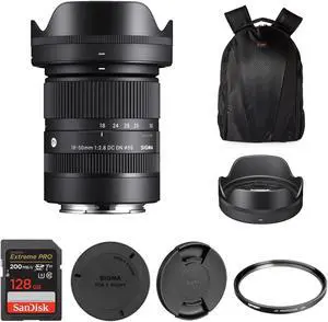 Sigma 18-50mm F2.8 DC DN Contemporary Lens for Fujifilm X Mount| A Large F2.8 Aperture Zoom Lens with Tiffen 55mm UV Protector Filter, SanDisk 128GB Extreme PRO UHS-I SDXC Memory Card, and Waith Camer