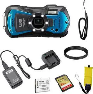Pentax WG-90 Waterproof Digital Camera (Blue) | 2.7" LCD Monitor with 32GB Extreme UHS-I SDHC Memory Card and Waith Camera Strap (Yellow) (Essential Bundle)