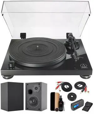 Audio-Technica AT-LPW50PB Turntable (Black) +Bookshelf Speakers +More (Bundle)