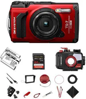 OM SYSTEM Tough TG-7 Red Digital Camera+PT-059+Extra LI-92B Battery+64GBCard Set