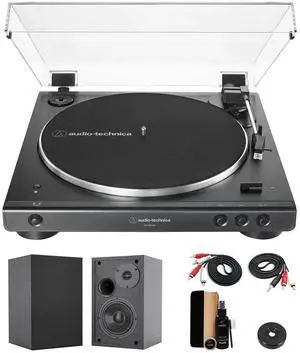 Audio-Technica AT-LP60XBT Turntable (Black) +Bookshelf Speakers & More (Bundle)