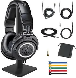 Audio-Technica ATH-M50x Closed-Back Monitor Headphone +Cable +Ties +Stand Bundle