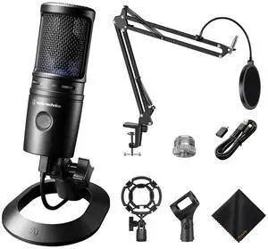 Audio-Technica AT2020USB-X Cardioid Condenser XLR Microphone +Stand/Cloth Bundle