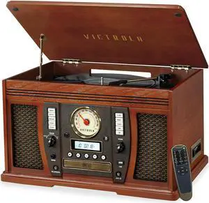 Victrola VTA-750BMH Nostalgic Aviator 8-in-1 Turntable Wooden Entertainment Center with Bluetooth, Mahogany
