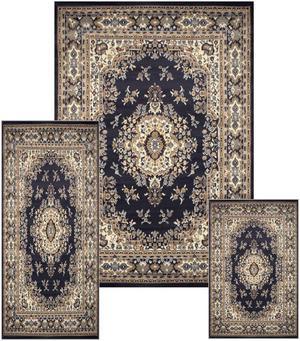 Home Dynamix Navy Blue Traditional Persian Oriental Bordered 3PC Rug Set - Runner (2' x 5') Accent Mat (2' x 3') Area Rug (5' x 7')