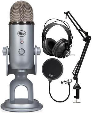 Blue Microphone Yeti USB Mic (Silver) with Knox Headphones, Boom Arm and Filter