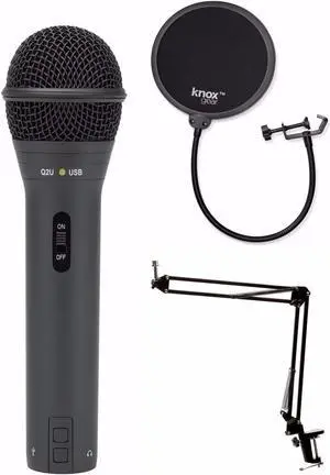 Samson Q2U Black Handheld Dynamic USB Microphone with Boom Arm and Pop Filter