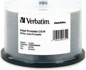 Verbatim D55969W Verbatim 700 MB 52x 80 Minute DataLifePlus White Inkjet and Hub Printable Recordable Disc CD-R, 50-Disc Spindle 94755