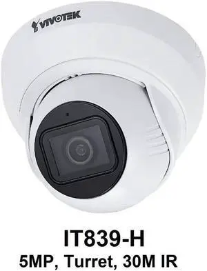 VIVOTEK IT839-H-1Y VORTEX 5MP Outdoor IP66/IK08 IP Turret Camera with 2.8 mm Remote Focus P-Iris Lens and 1-Year Vortex Standard Cloud License, White