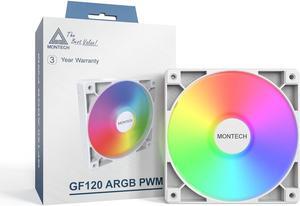 MONTECH GF120 ARGB PWM Hydraulic Bearing Fan 800-1600RPM, Low Noise 25.5dBA, High Airflow 66.3CFM, 4-Pin - 120mm White