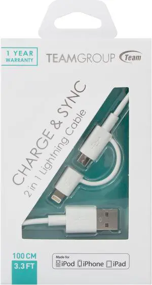 Team 2-in-1 Lightning And Micro USB Charging and Sync Cable White 100cm Model TWC02W01 Team 2-in-1 Lightning And Micro USB Charging and Sync Cable White 100cm Model TWC02W01