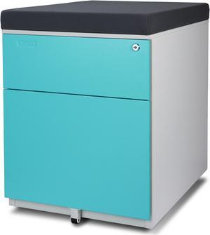 Aurora FC-S102BL Fully Assembled Modern Soho Design 2-Drawer Metal Mobile File Cabinet with Seat Cushion, White/ Aqua Blue/ Gray (seat cushion)