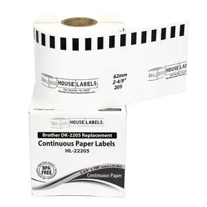 HOUSELABELS Compatible with DK-2205 Replacement Roll for Brother QL Label Printers; Continuous Length Labels; 2-4/9" x 100 feet (62mm*30.48m) - 2 Rolls HOUSELABELS Compatible with DK-2205 Replacement Roll for Brother QL Label Printers; Continuous Length Labels; 2-4/9" x 100 feet (62mm*30.48m) - 2 Rolls