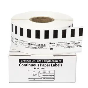 HOUSELABELS Compatible with DK-2210 Replacement Roll for Brother QL Label Printers; Continuous Length Labels; 1-1/7" x 100 feet (29mm*30.48m) - 2 Rolls HOUSELABELS Compatible with DK-2210 Replacement Roll for Brother QL Label Printers; Continuous Length Labels; 1-1/7" x 100 feet (29mm*30.48m) - 2 Rolls