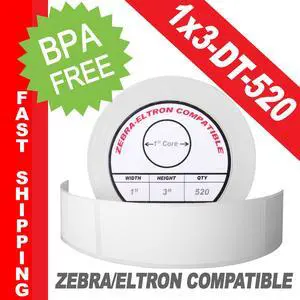 Zebra/Eltron-Compatible 1 x 3 Labels (1" x 3") -- BPA Free! (1 Roll; 520 Labels per Roll)