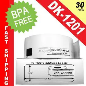 BROTHER-Compatible DK-1201 Address Labels (1-1/7" x 3-1/2"; 29mm*90mm) -- BPA Free! (30 Rolls; 400 Labels per Roll)