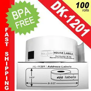 BROTHER-Compatible DK-1201 Address Labels (1-1/7" x 3-1/2"; 29mm*90mm) -- BPA Free! (100 Rolls; 400 Labels per Roll)