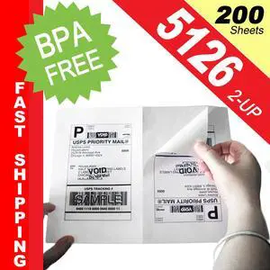 (200 Sheets; 400 Labels), Same Size as Avery© 5126, 2-UP, Half Sheet Internet Postage/Shipping Labels (5-1/2" x 8-1/2") -- BPA Free!