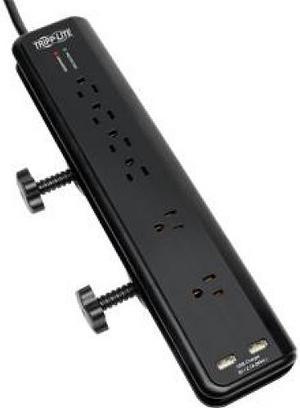 Tripp Lite TLP606DMUSB Protect It! 6- Outlet Clamp-Mount Surge Protector, 6-ft. Cord, 2100 Joules, 2 USB Charging Ports (2.1A total)