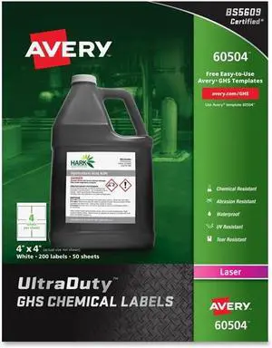 Avery; UltraDuty GHS Chemical Labels - Laser - Permanent Adhesive - 4" Width x 4" Length - Square - Laser - White -