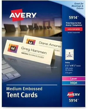 Avery 5914 Medium Embossed Tent Cards, Ivory, 2 1/2 X 8 1/2, 2 Cards/Sheet, 100/Box