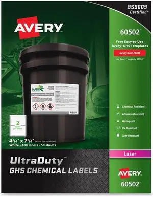 Avery; UltraDuty GHS Chemical Labels - Laser - Permanent Adhesive - 7 3/4" Width x 4 3/4" Length - Rectangle - Laser
