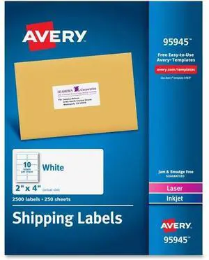 Avery Dennison - 7278295945 - White Shipping Labels, Inkjet/Laser, 2 x 4, White, 2500/Box