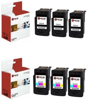 Laser Tek Services Compatible High Yield Ink Cartridge Replacement for Canon PG-210 CL-211 Works with Canon Pixma iP2700 iP2702, MP240 MP280, MX320 MX340 Printers (Black, Tri-Color, 6 Pack)