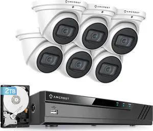 Amcrest 4K Security Camera System w/ 4K 8CH PoE NVR, 6 x 4K (8-Megapixel) IP67 Weatherproof Metal Turret Dome POE IP Cameras (3840x2160), 2.8mm Wide Angle Lens, NV4108E-T2599EW6-2TB (White)