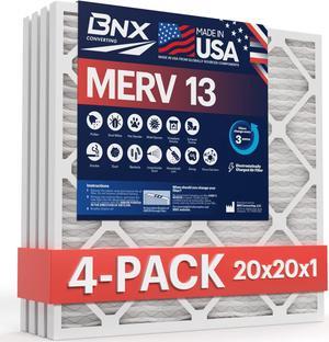 BNX 20x20x1 MERV 13 Air Filter 4 Pack - MADE IN USA - Electrostatic Pleated Air Conditioner HVAC AC Furnace Filters - Removes Pollen, Mold, Bacteria
