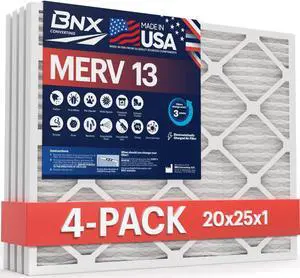 BNX 20x25x1 MERV 13 Air Filter 4 Pack - MADE IN USA - Electrostatic Pleated Air Conditioner HVAC AC Furnace Filters - Removes Pollen, Mold, Bacteria