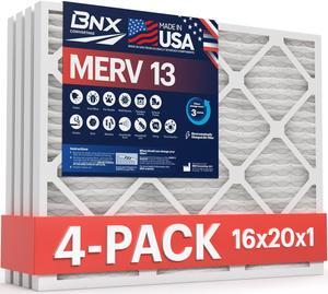 BNX 16x20x1 MERV 13 Air Filter 4 Pack - MADE IN USA - Electrostatic Pleated Air Conditioner HVAC AC Furnace Filters - Removes Pollen, Mold, Bacteria